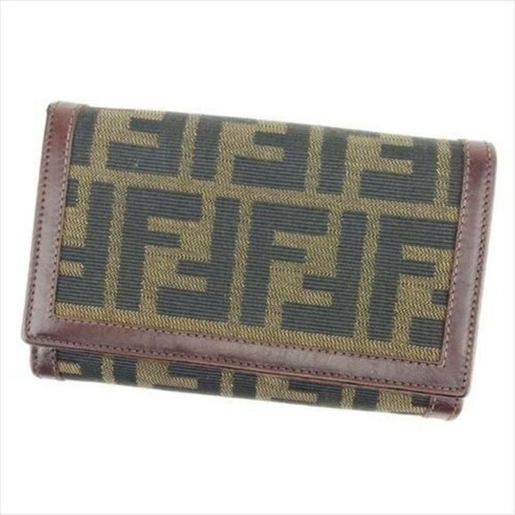 Fendi Wallet Purse Trifold Zucca Beige Canvas Leather Woman Authentic Used - Picture 1 of 13
